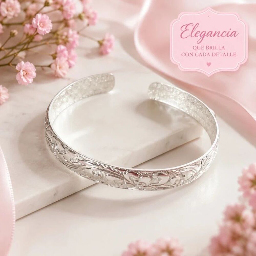 Women’s 925 Sterling Silver Bangle Bracelet Floral Engraved Cuff – New